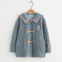 Cute Rabbit Embroidered Fur One Lamb Fur Navy Collar Short Coat Girl