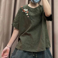 Women's Artistic Vintage Embroidery Linen Top Loose Pullover