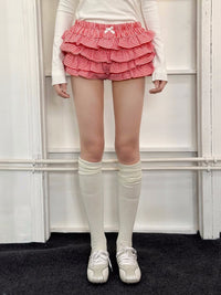 Sweet Refreshing Low Waist Multi-layer Wave Lace Bubble Cotton Plaid Cake Dress