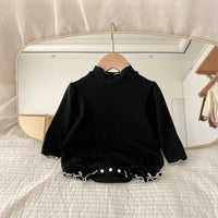Half High Collar Baby Cotton Long Sleeved Romper With Wooden Ear Edge