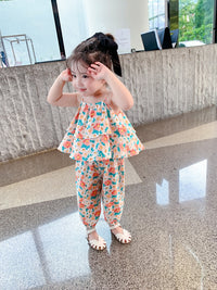 New Girl's Cute Floral Vest And Anti-mosquito Pants Two-piece Set