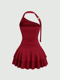 One-Shoulder Halterneck Slimming Waist-Cinching Pleated Skirt Pure And Alluring Versatile Off-Shoulder Dress