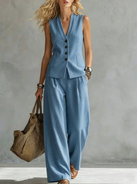 Womens Solid-Colored Sleeveless Casual Linen Tank Top And Pants Set