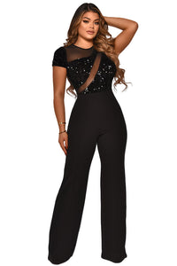 Spliced Gauze Irregular Sequined Short-sleeved Jumpsuit