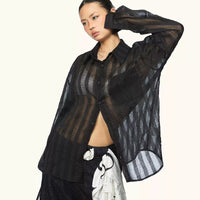 Women's Pleated Micro-transparent Plaid Long-sleeved Shirt Summer New