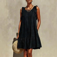 New Stylish Casual Loose Round-Neck Sleeveless Ruffle-Trim Dress