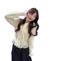 Womens Solid-Color Defined-Waistline Lace-Patchwork Sweater
