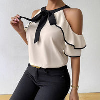 Elegant Double-layer Short-sleeve Shirt With A Bow-tie Neckline