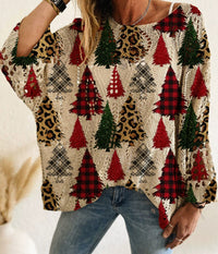 Bat Loose Off-shoulder Boat Neck Diamond Hollow-out Contrast Color Christmas Print Knitted Sweater