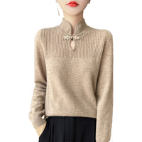 Chinese Style Retro Buckle Stand Collar Sweater For Women
