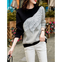 Color Contrast Patchwork Three-dimensional Wings Embroidered Crew Neck Sweater