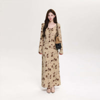 Retro Floral Long Sleeve Waist Cinching Dress