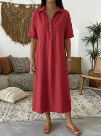 Straight-cut Comfortable Linen Short-sleeve Dress With A Polo Collar