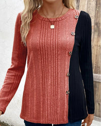 Solid Color Round Neck Sunken Stripe Brushed Slit Contrast Color Fashion Buttons