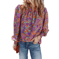 Floral Print Chiffon Blouse Womens Ruffle Hem Pullover Top