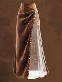 Womens Retro Western Mesh Patchwork Beaded Long Skirt