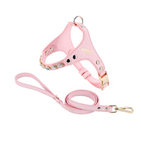 Dog Harness And Leash Rhinestone PU Leather Adjustable