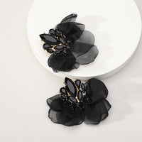 Colorful Sparkly Rhinestone Chiffon Flower Large Stud Earrings For Women Bold Statement Jewelry For Party Prom Vacation