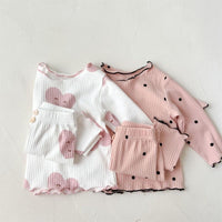 Girls' Long Sleeved Home Wear Pajamas With Wooden Ear Edge Set