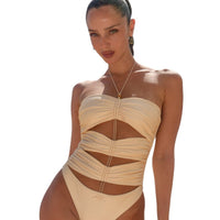 Solid Color Pleated One-piece Swimsuit Women's Lace-up Tight