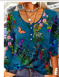 Women's Long-Sleeve Printed V-Neck Loose T-Shirt