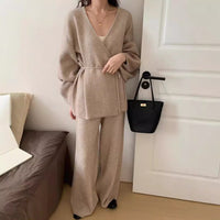 Women's Knitted Cardigan Wide-leg Pants Two-piece Suit