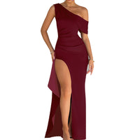 Slim-fit Long Dress With Spaghetti Straps One-shoulder Design Ruching And A Slit Featuring An A-line Skirt