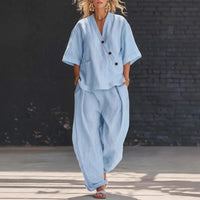 V-neck Loose-fit Short-sleeve Top And High-waist Trousers Two-piece Set
