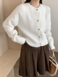 Metal Buckle Round Neck Knitted Cardigan Loose Casual