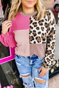 Women's Round-neck Ribbed Color-block Leopard Print Long-sleeve Top