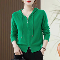 Lapel Knitted Cardigan Coat Ladies Hooded Loose Sweater