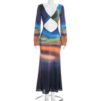 Printed Mesh Long-Sleeve Maxi Dress With Open Back And Tie Details For Women