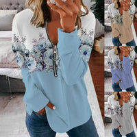 Flower Print Pullover Round Neck Zipper Sweater