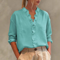 Womens Casual Long-sleeve V-neck Blouse With Lace Trim