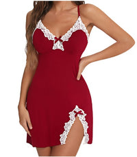 Sexy Deep V Bow Side Slit Slim Slip Nightdress Set