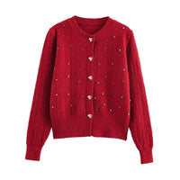 European And American Style Fashion Sequin Colorful Crystals Love Button Knitted Cardigan Jacket
