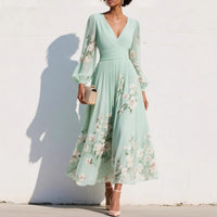 Womens Spring Chiffon Long-Sleeve Pleated Dress
