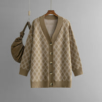 V-neck Cardigan Sweater Casual Loose Diamond Plaid Sweater Coat