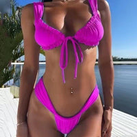 Lace-up Bikini Solid Color Split Women's Swimsuit