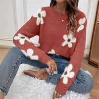 Fashion Pullover Round Neck Long Sleeves Sweater Jacquard Solid Color Knitted Top For Women