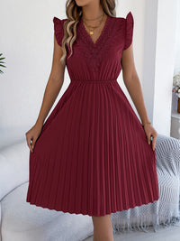Casual Lace V-neck Ruffled-waist Pleated Dress