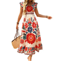 Printed Flared Maxi Dress With Long Sleeves And Lace-Up Waist Casual Style