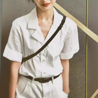 Retro White Cotton And Linen Short-sleeved Shirt For Women