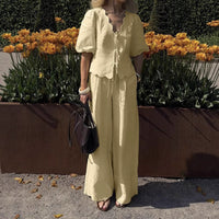 Simple Puff-sleeve Shirt And Casual Pants Set