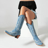 Embroidered Long Knee-high Boots Pointed Toe Chunky Heel High Heel