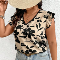 Retro Floral Print V-neck Lace Trim Peplum Blouse