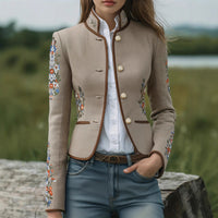 Womens Retro Floral Embroidery Stand Up Collar Jacket