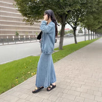 Elegant Commuter Denim Wrap Skirt With A Fitted Waist-cinching Design For Women