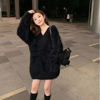 Idle Style V-neck Mink Fur Pullover Women's Mid-length Sweater