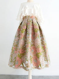 Organza Pettiskirt Embroidered High Waist Midi Skirt